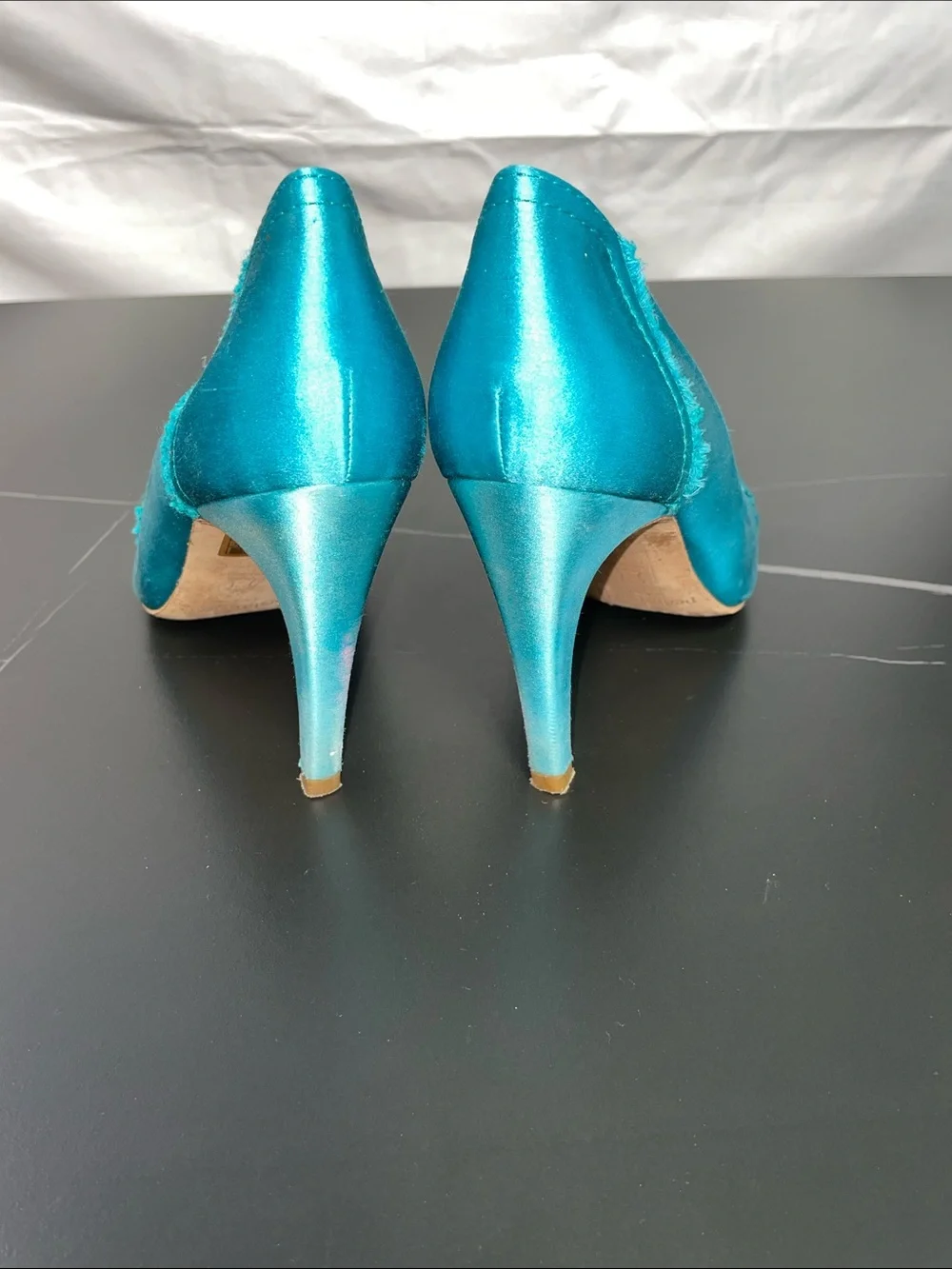 PEDRO GARCIA TEAL SATIN FRAYED PEEP TOE HEELS FTL-08-201
